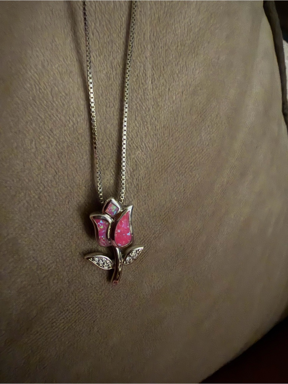 Sterling Silver Pink Opal Rose Pendant Necklace